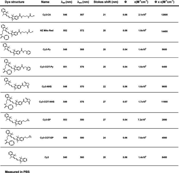 Photophysical
Properties of Covalent
Mitochondrial Probes and Cy3 in PBS buffer (pH 7.2) Photophysical
Properties of Covalent
Mitochondrial Probes and Cy3 in PBS buffer (pH 7.2)