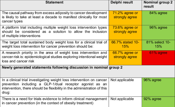 Borderline statements after 3 rounds of Delphi and new statements voted on in nominal group meeting 2. Borderline statements after 3 rounds of Delphi and new statements voted on in nominal group meeting 2.